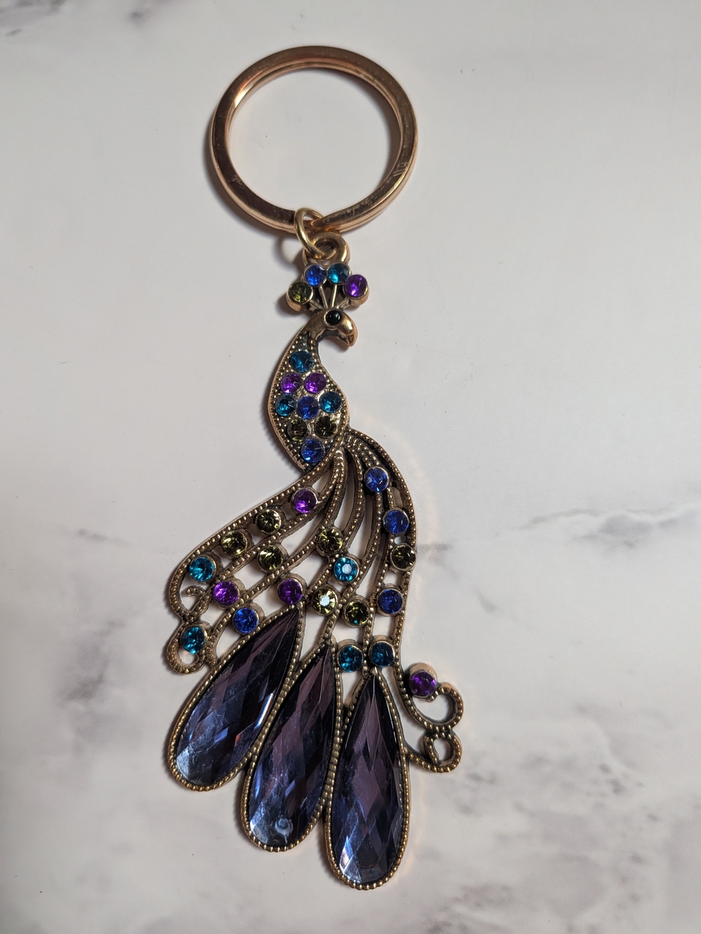 Gold-Tone Peacock Keychain with Purple and Blue Crystals